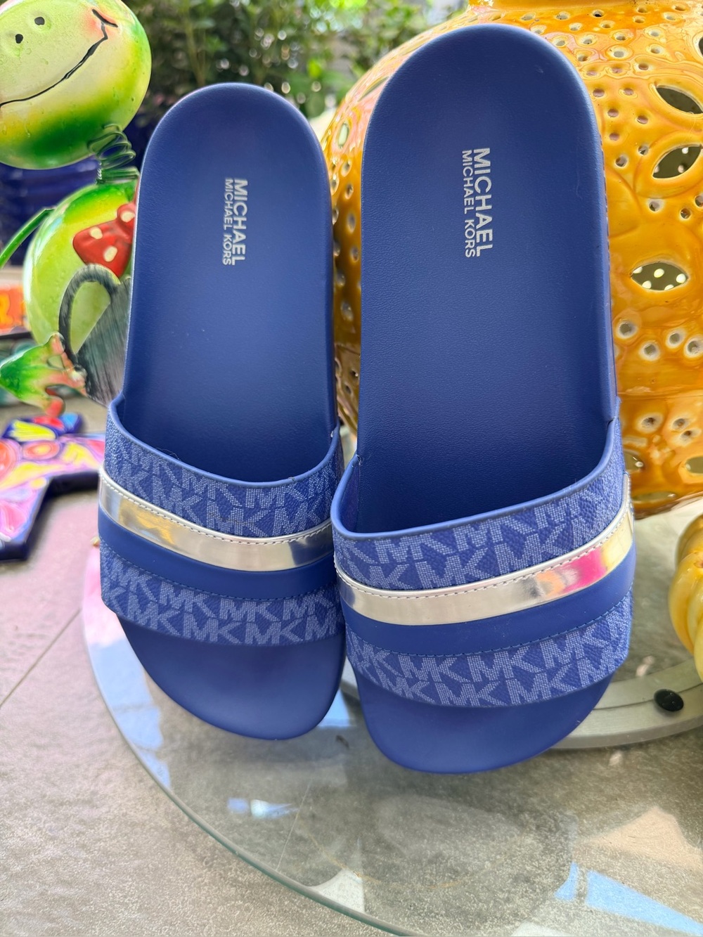 Michael Kors Navy Blue MK Logo Slide Sandals with Silver Band